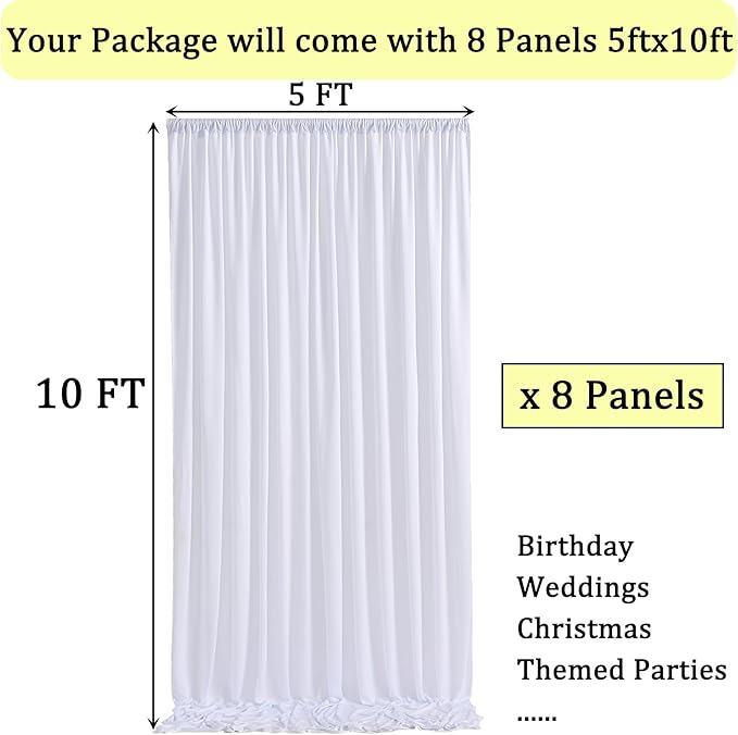 NSSONBEN 40ft×10ft Wrinkle Free White Backdrop Curtain for Parties, 8 Panels Polyester Photo Backdrop Drapes Back Drop Cloth for Weddings Birthday Photography Background Curtains Baby Shower