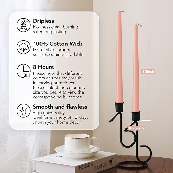 New Burning Formula Unscented Dripless 10-Inch Taper Candles Set of 12 - Rose Gold, for Wedding, Dinner - Smokeless, Long Burning - Hand Poured, Colored Tall Candlesticks - Oro Rosa