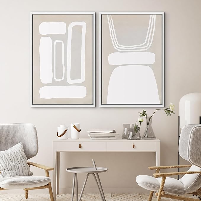 SIGNWIN Framed Canvas Print Wall Art Set Retro 1960s Geometric Figure Collage Abstract Shape Cozy Neutral Modern Art Decorative Nordic Multicolor for Living Room, Bedroom, Office - 16"x24"x2 White