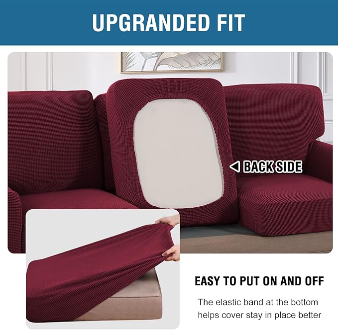 H.VERSAILTEX Multi-Pieces Chair Covers Stretch Couch Covers Form Fitted Seat and Back Cushions Covers (1 Seat Cover Plus 1 Back Cusion Cover, Bonus 2 Armrest Covers), Burgundy