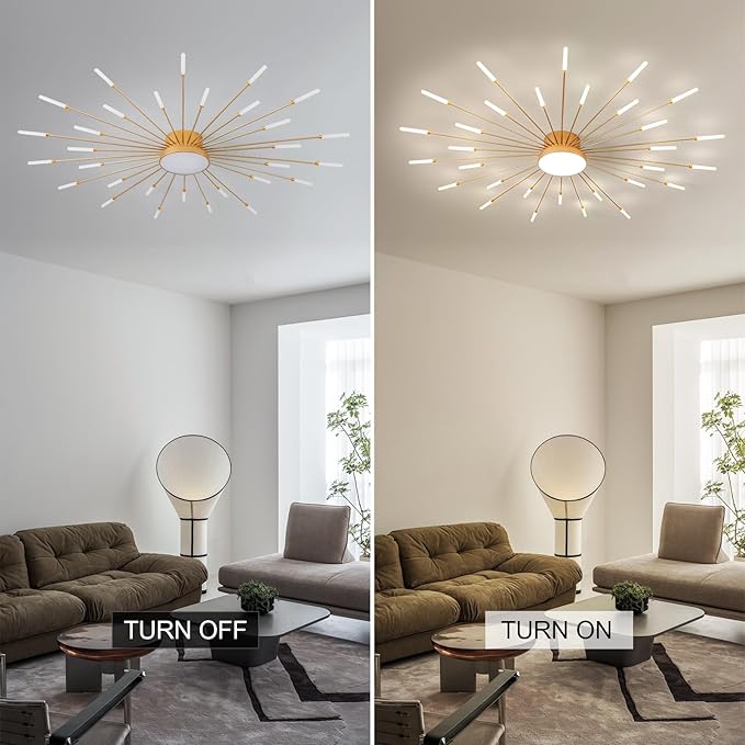 JAYMP Ceiling Light Modern Flower Shape Ceiling Lamp for Living Room Dining Room Flush Mount Metal Acrylic Sputnik Firework Petal LED Lighting Fixture (Matte Gold, 30+1 Lights)