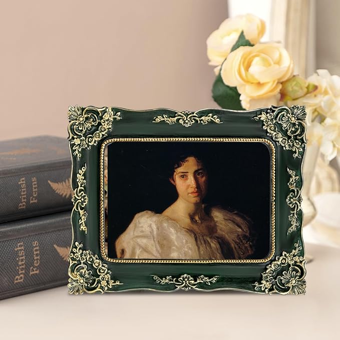 Green Picture Frame 5x7 Vintage Picture Frames Antique Ornate Baroque Victorian Handcrafted for Tabletop or Wall Display with Glass Front