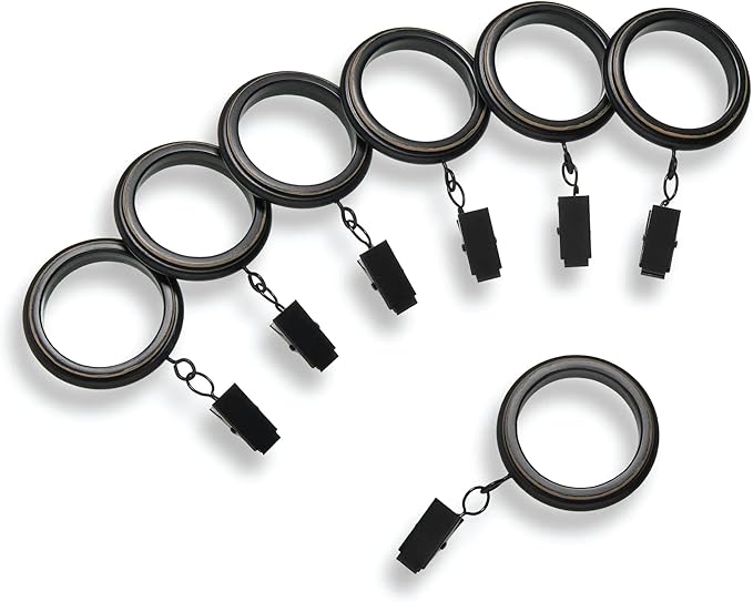 MODE Farmhouse Collection Beveled Curtain Clip Rings, Set of 14 Curtain Rings with Clips, Fits MODE Farmhouse Curtain Rod Sets, 1 3/4”, Weathered Black