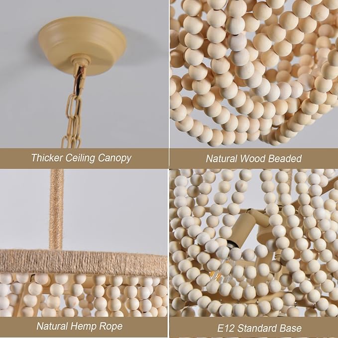 Wood Beaded Chandelier 3-Lights Rustic Antique Coastal Boho Pendant Light Fixtures for Nursery Baby's Bedroom Dining Room Living Room Kicthen Entryway