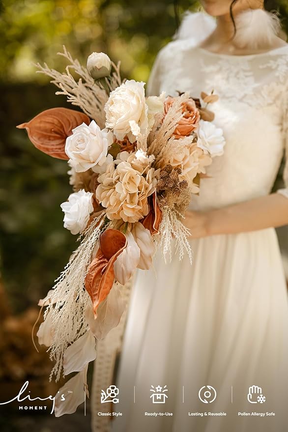 Ling's moment Boho Bridal Bouquet Cascading, Rustic Wedding Bouquets for Bride, 15 Inch Silk Fall Artificial Wedding Flower Bouquet