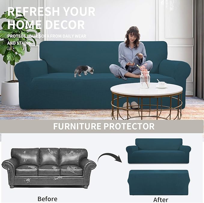 Easy-Going Stretch Chair Sofa Slipcover 1-Piece Couch Sofa Cover Furniture Protector Soft with Elastic Bottom for Kids, Pet. Spandex Jacquard Fabric Small Checks (Chair, Deep Teal)