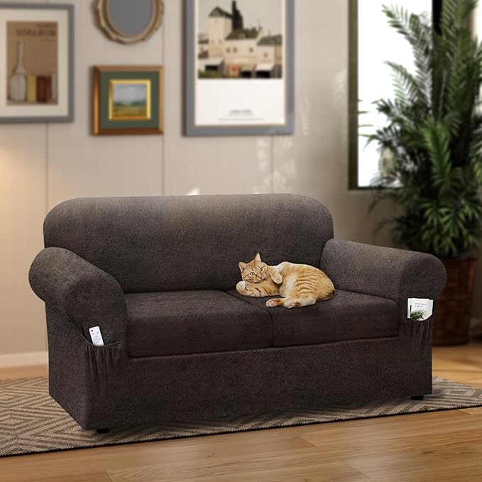 Loveseat Slipcover with Armrest Pockets 3-Piece Set, Stretch Faux Leather Love Seat Covers for 2-Cushion Couches(Fits 58-66") - Non-Slip, Machine Washable, Pet & Kid Friendly - Light Brown