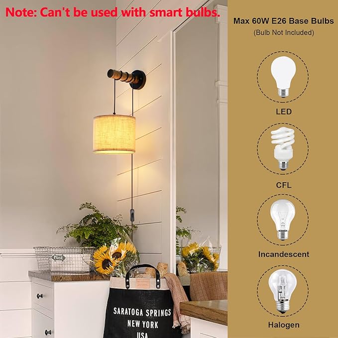 Wall Sconces Set of Two, Plug in Sconces Wall Lighting with Fabric Shade, Farmhouse Wall Lamps with Plug in Cord, Rustic Wall Lights with Wood Arm and On/Off Switch for Bedroom, Living Room