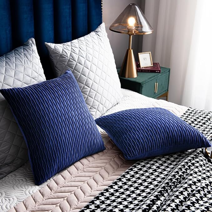 24x24 Blue Throw Pillow Covers: 2 Pack Original Striped Velvet Square Decorative Pillow Cases for Farmhouse Couch