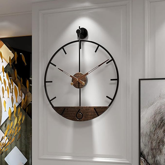Modern Wood Walnut Dial Wall Clock, Large Simple Wall Decor Metal Frame Silent Non Ticking Clock for Living Room Decor, Kitchen, Bedroom, Study Decoration, Handmade Home Gift Idea, 15.8 in