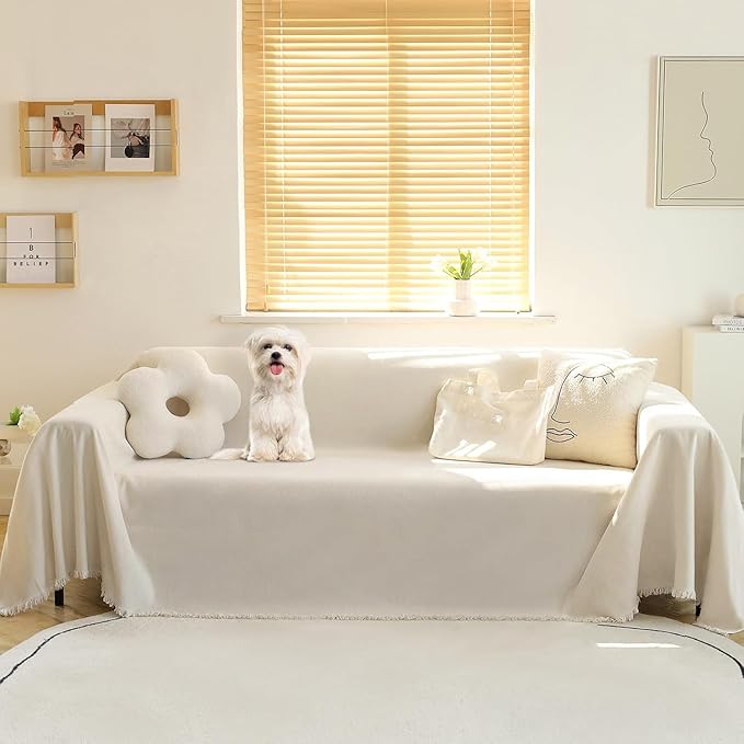 MEETSKY Couch Cover for Dogs, Washable Couch Covers for 3 Cushion Couch Sofa, Oversized Couch Protector for Sectional L Shape, Chenille Beige Sofa Slipcover with Tassel, 71"x 150"