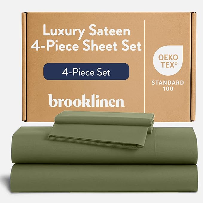 Brooklinen Luxury Sateen 4 Piece Sheet Set - 100% Cotton Bed Sheets, Soft & Durable Twin Sheet Set in Fresh Moss, Oeko-TEX Certified Bedding Set, 1 Fitted Sheet, 1 Flat Sheet, 2 Pillowcases