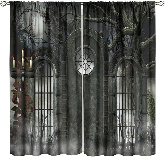 Gothic Mid Century Blackout Curtains, Moon Halloween Horror Candle Print Pattern Window Drapes, for Living Room Bedroom 27.5(W)*63(L) 2 Panels