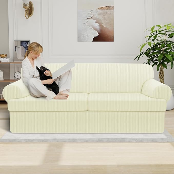 Waterproof Couch Cover 3-Piece Set Striped Sofa Slipcovers for 2 Separate T Cushion Couch - TPU Fabric Sofa Covers Leakproof Couch Protector for Kids, Pets(2 Cushion Sofa, Beige)