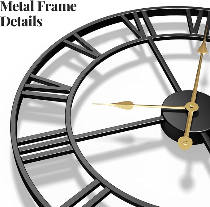 Large Wall Clock Battery Operated, 20 Inch Black Metal Round Wall Clocks Modern Silent Non-Ticking Decorative Clocks for Living Room Bedroom - Roman Numerals