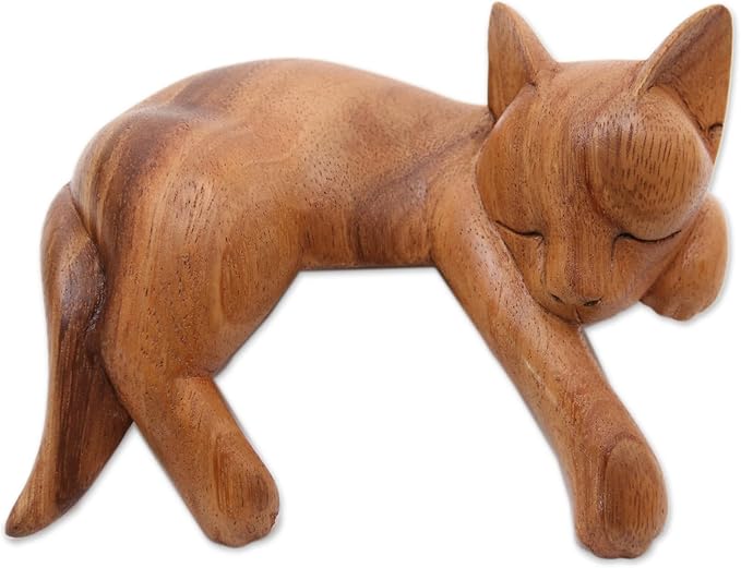NOVICA Handmade Suar Wood Sculpture | Artisan Crafted Natural Finish | Rustic Home Decor Accent | Carved Arborvitae | Animal Themed ' Relaxed Cat' 4.7" H x 6" W x 3.1" D