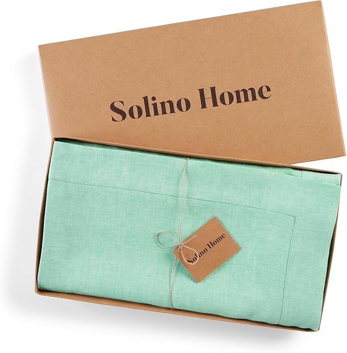 Solino Home Linen Tablecloth 60 x 108 Inch - 100% Pure Linen Chambray Aqua Table Cloth for Rectangle Tables - Athena, Machine Washable Tablecloth for Thanksgiving