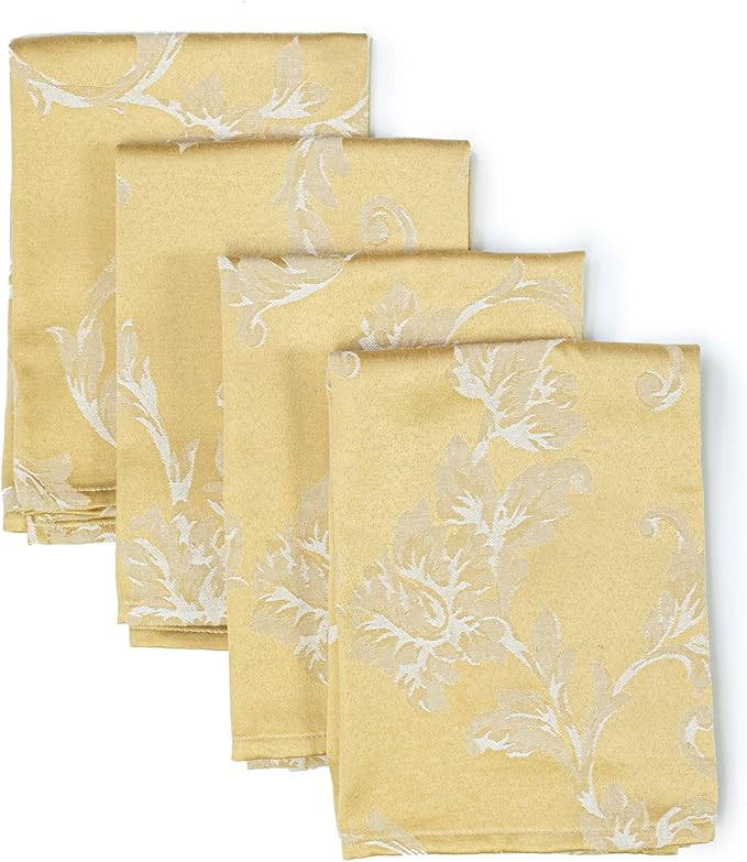Benson Mills Harmony Scroll Woven Damask Fabric Set of 4 Napkins, Everyday, Parties, Special Occasions, Weddings and Holiday Cloth Napkins (18" x 18" Napkins, Gold)