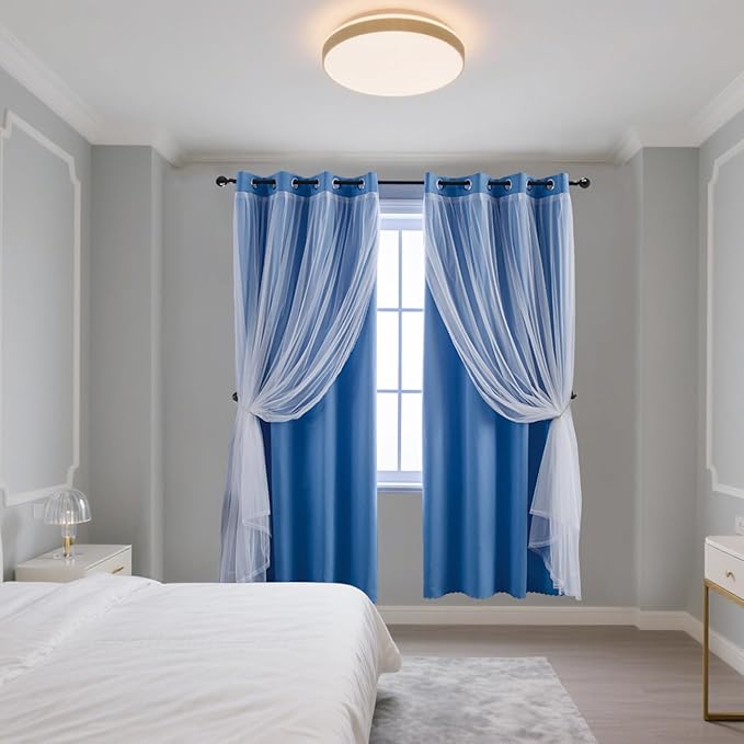 Anytime Home Curtains Blackout and Sheer Layered Solid Window Curtain Panel Pair with Grommet Top, 52Wx72L,Blue