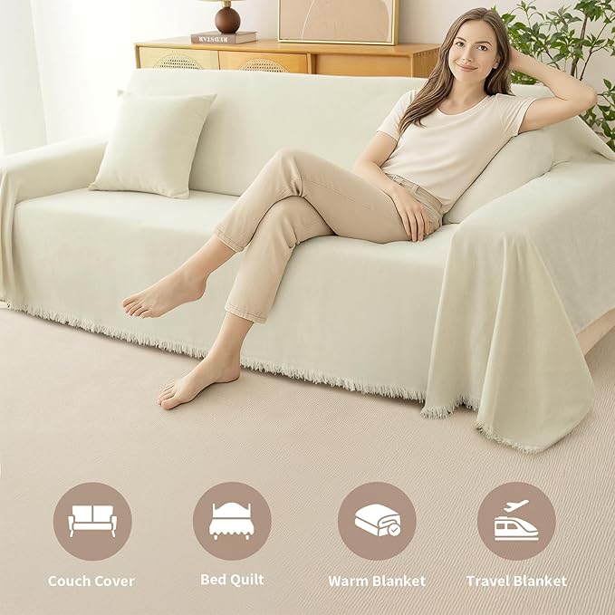 Couch Cover for Dogs, Boho Sofa Covers for 3 Cushion Couch, Chenille Sofa Slipcover for Pets Washable, L-Shape Sectional Couch Loveseat Cover Soft Throw Blankets with Tassels(71x134,Cream)