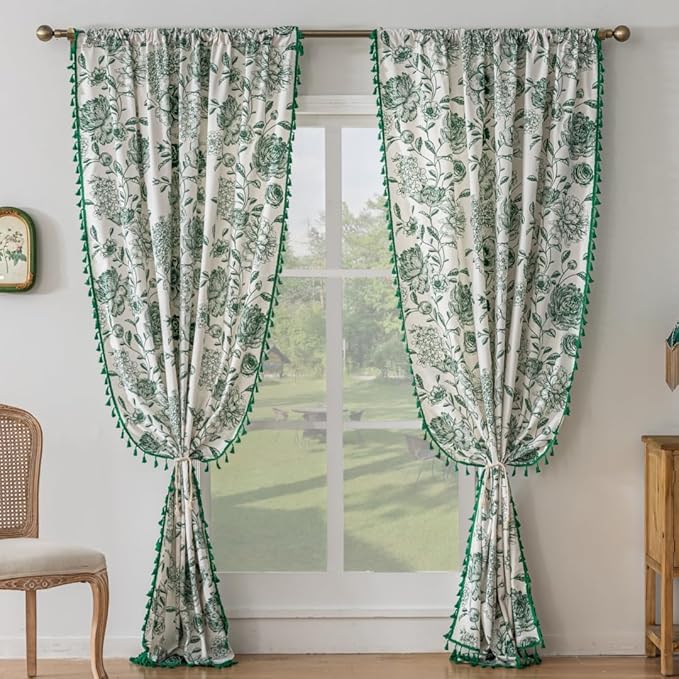 F-CHU Bohemian Curtains for Bedroom 63 Inch Length French Country Floral Drapes Farmhouse Rustic Window Curtain Panels for Bedroom Chic Cotton Linen Blend Toile Curtain，2 Panel