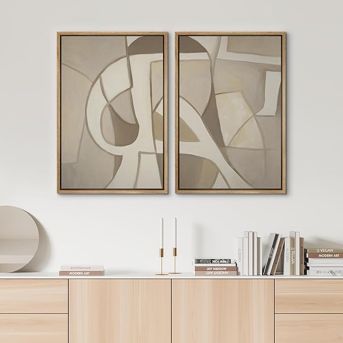 SIGNWIN Framed Canvas Print Wall Art Set Neutral Abstract Geometric Modern Minimalist Beige and Cream Illustrations Minimal Decorative Zen for Living Room, Bedroom, Office - 24"x36"x2 Natural
