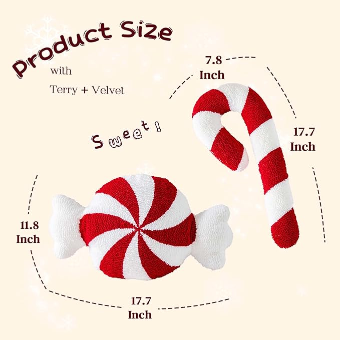 Uvvyui Christmas Pillows Candy Pillows Set of 2 Cute Candy Cane Decoration Winter Throw Pillow Aesthetic Room Decor Candycane Shaped Cushion for Xmas Holiday Party Favor Gift