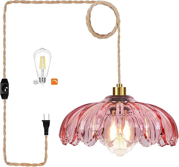 Pink Plug in Pendant Light Hanging Lights with Plug in Cord Boho Hanging Lamp Glass Gold Mid Century Modern Vintage Dimmable Flower Plug in Chandelier Ceiling Fixture for Living Room,Kitchen