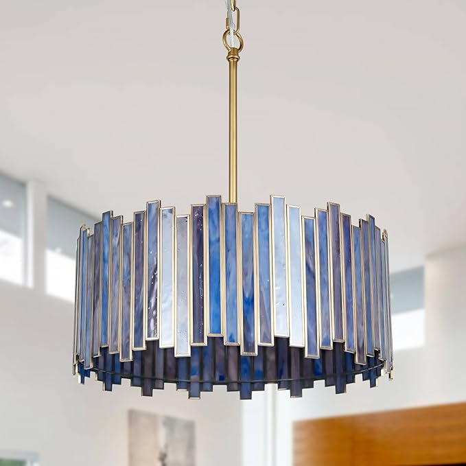 Drum Chandelier 4-Light, Brass Gold Tiffany Pendant Lighting Fixture with Stained Deep Blue Glass Shade, 16” Round Ceiling Hanging Lamp for Bedroom Dining Room Kitchen Entryway Living Room