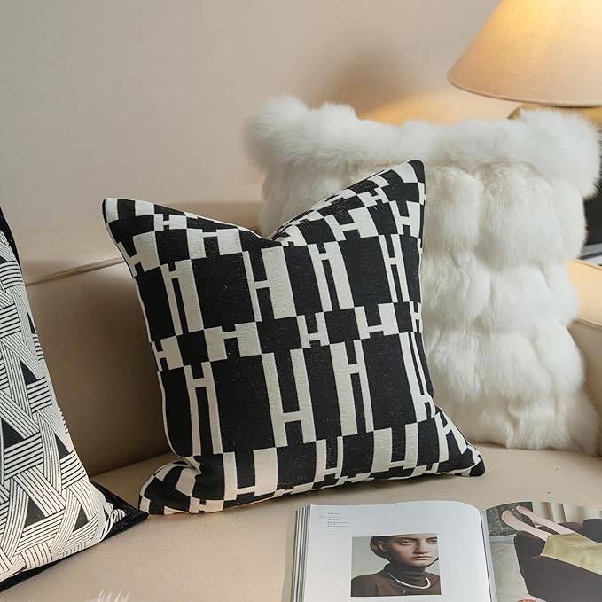 New 18x18'' inches Throw Pillow Cushion Covers - White H Letter Black Color Chenille Jacquard Embroidery Luxury Modern Style Couch Sofa Bed Pillow Cover for Living Room Bedroom