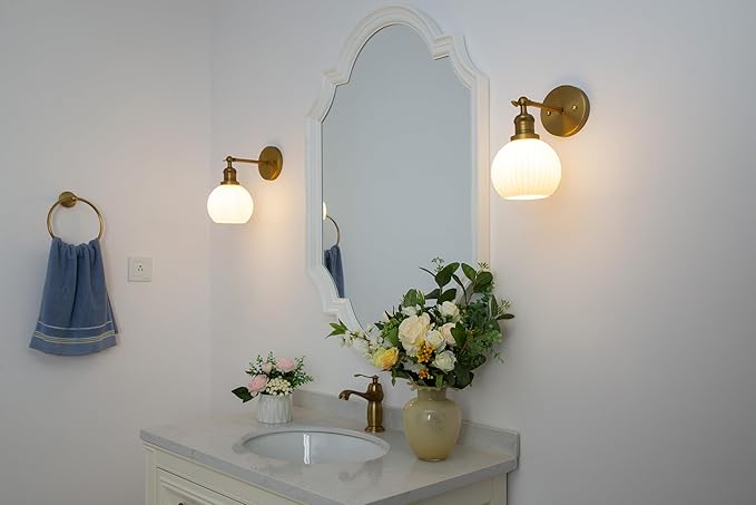 PERMO Vintage Wall Sconce Bedroom Sconce Globe Vanity Wall Light Milk White Glass Shade Wall Light Lamp Fixture (Antique Gold)