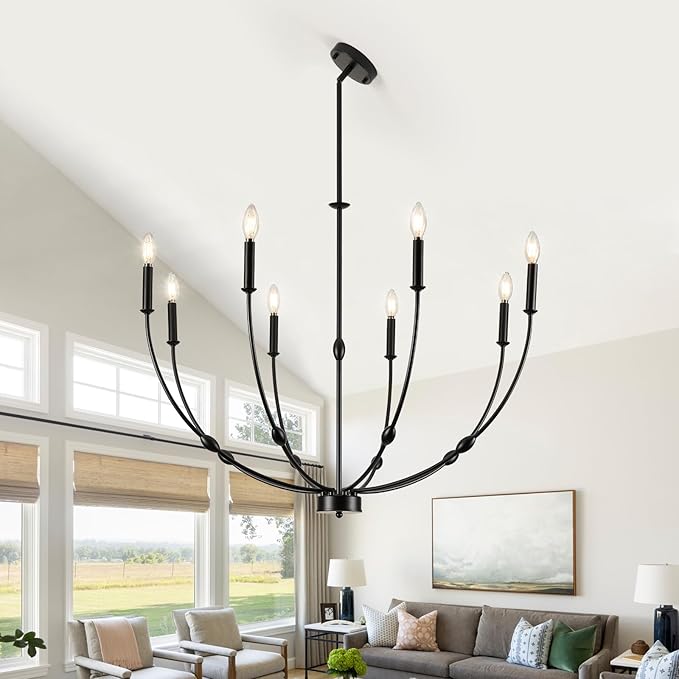 Black Chandelier 35 inch, 8-Light Modern Farmhouse Chandeliers for High Ceiling, Industrial Pendant Light Fixture for Foyer Hallway Entryway, Bedroom, Living Room, Kitchen