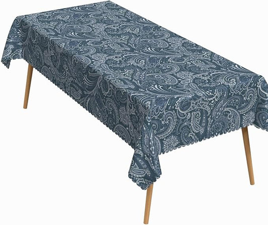 52x70 Inch Paisley Rectangular Tablecloth Boho Flower Navy Blue Table Cloth Bohemian Washable Durable Table Cover for Dining Banquet Home Indoor Decor
