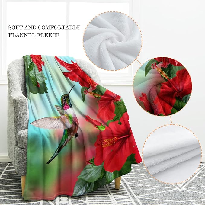Jekeno Spring Hummingbird Floral Blanket Gifts for Women Kids Girls Mom Wife Birthday Mother's Day Presents Red Flowers Bird Decor for Home Bed Bedroom Soft Cozy Plush Throw Blanket 50"x60"