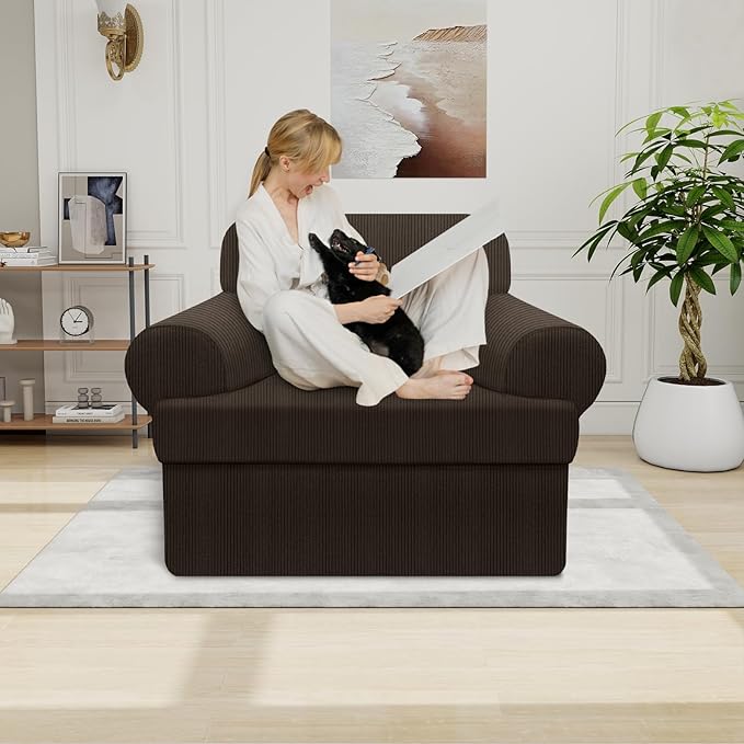 Waterproof Chair Cover with Arms 2-Piece Set Striped Slipcover for 1 Separate T Cushion Couch - TPU Fabric Armchair Covers Leakproof Couch Protector for Kids, Pets(Chair, Brown)