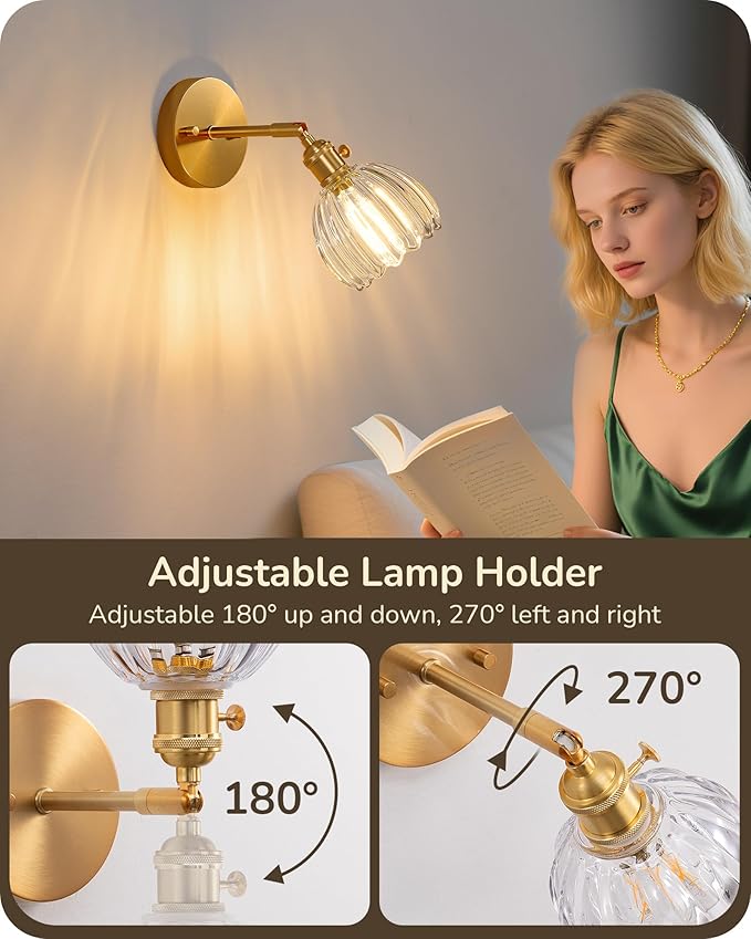EDISHINE Hardwired Wall Sconces Set of Two, Brass Gold Wall Lamp with Transparent Tulip Glass Lampshade 180 Degree Adjustable, Vintage Bathroom Lighting Fixtures for Bedroom Living Room Hallway
