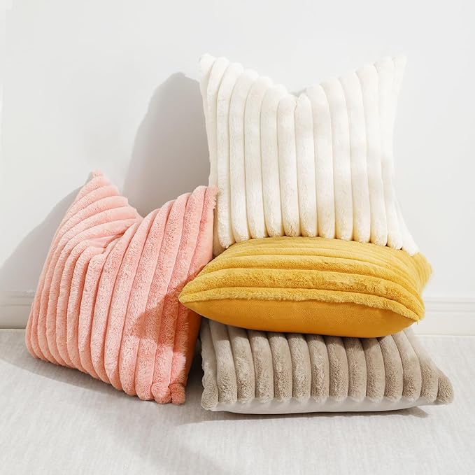 decorUhome Faux Fur Christmas Throw Pillow Covers 20x20 Set of 2, Decorative Soft Plush Striped Neutral Couch Euro Pillow Covers with Velvet Back for Sofa, Bed, Living Room Home Decor, Blush Pink