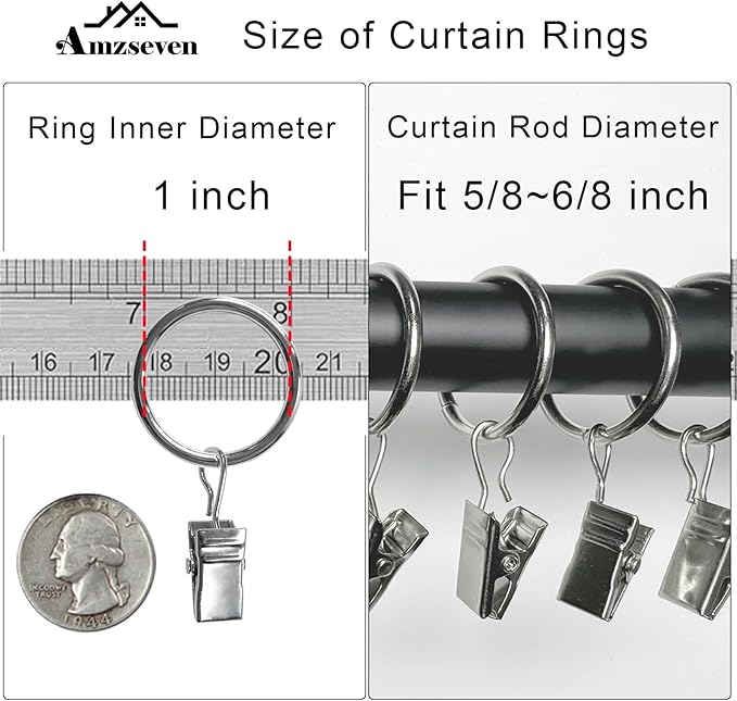 44 Pack Metal Curtain Rings with Clips, Drapery Clips with Rings, Drapes Rings 1 inch Inner Diameter, Fits Diameter 5/8 inch Curtain Rods, Silver