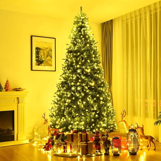 HAPPYGRILL 9FT Pre-lit Artificial Christmas Tree with 2944 PVC Branch Tips and Foldable Base, Premium Spruce Tree Hinged Xmas Tree with 1000 Lights, 11 Color Modes for Holiday Decoration