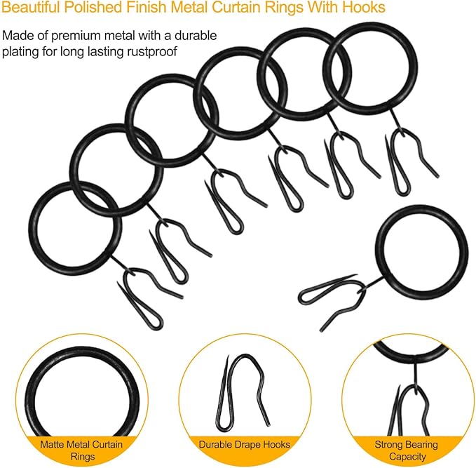 60 Pcs Metal Curtain Rings with Eyelet & Drapery Hooks, 30 mm Internal Diameter, Black