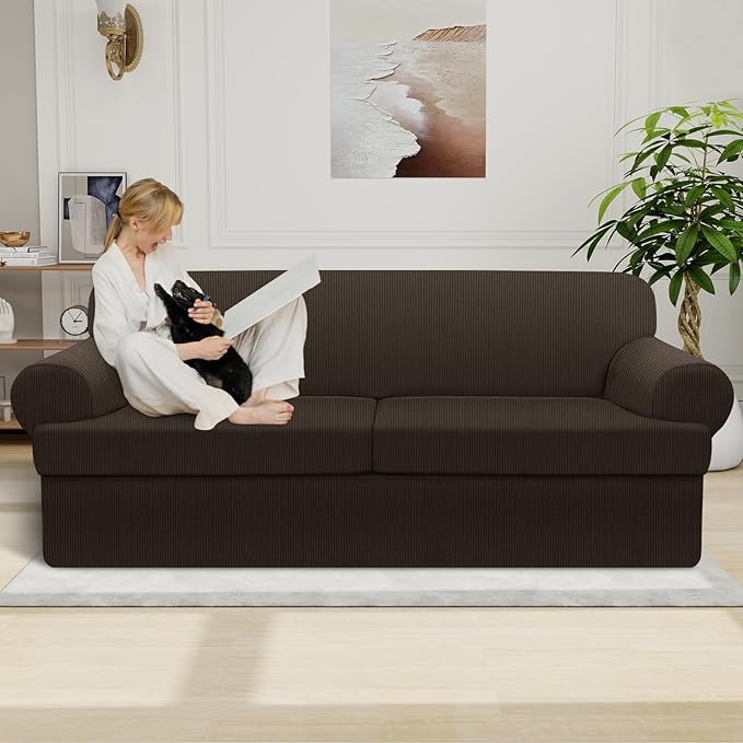 Waterproof Couch Cover 3-Piece Set Striped Sofa Slipcovers for 2 Separate T Cushion Couch - TPU Fabric Sofa Covers Leakproof Couch Protector for Kids, Pets(2 Cushion Sofa, Brown)