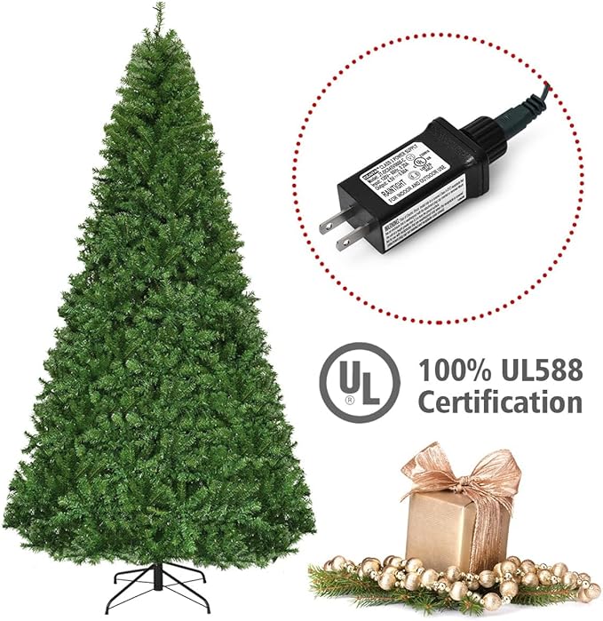 HAPPYGRILL 9FT Pre-lit Artificial Christmas Tree with 2944 PVC Branch Tips and Foldable Base, Premium Spruce Tree Hinged Xmas Tree with 1000 Lights, 11 Color Modes for Holiday Decoration