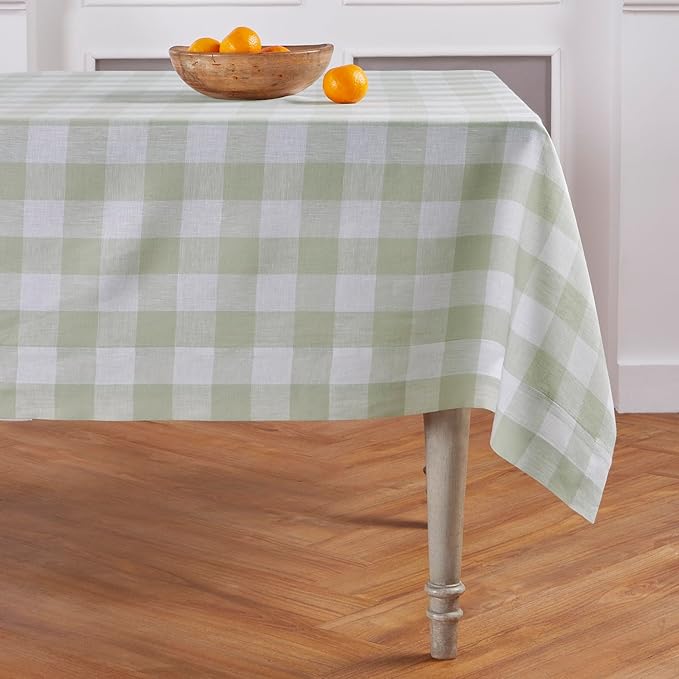 Solino Home Linen Checkered Tablecloth 60 x 108 Inch - 100% Pure Linen Buffalo Plaid Sage and White Table Cloth for Rectangular Tables - Machine Washable Tablecloth for Autumn, Thanksgiving, Winter
