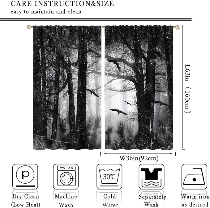 Gothic Forest Blackout Curtains, Foggy Forest Dead Trees Crow Halloween Style Black White Scary Print Window Treatments, for Bedroom Living Room 36(W)*63(L) 2 Panels