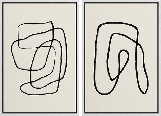 SIGNWIN Framed Wall Art Print Set Black Lines Over Tan Plain Background Abstract Swirly Cozy Neutral Modern Art Mid-Century Modern Expressive for Living Room, Bedroom, Office - 16"x24"x2 White