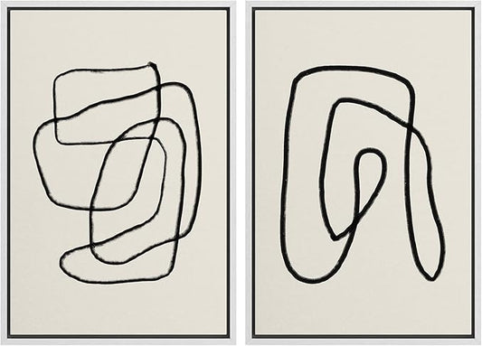 SIGNWIN Framed Wall Art Print Set Black Lines Over Tan Plain Background Abstract Swirly Cozy Neutral Modern Art Mid-Century Modern Expressive for Living Room, Bedroom, Office - 16"x24"x2 White
