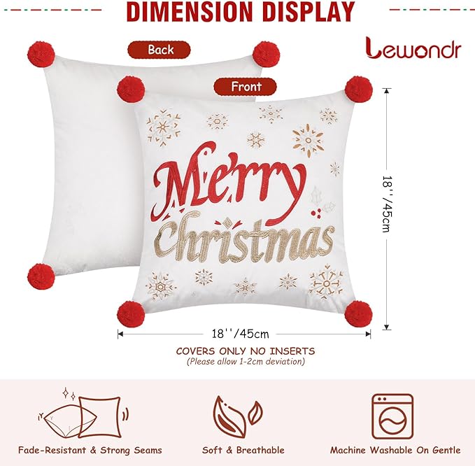 Lewondr Christmas Throw Pillow Covers, 2 Pack Christmas Letter Snowflake Christmas Tree Embroidery 18x18 Pillowcases Home Xmas Decorative Soft Cushion Covers for Sofa Bed Chair
