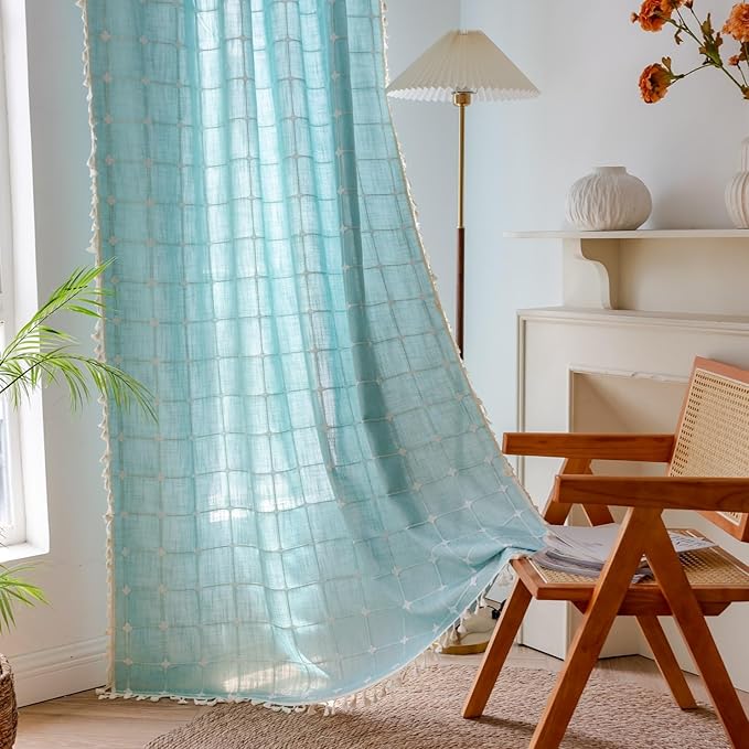 Sutuo Home Boho Curtains for Kitchen Nursery Kid's Room,Bohemian Semi Blackout Plaids Linen Privacy Farmhouse Tassels Window Treatment Embroidery Drape, Rod Pocket 1 Panel 52" W x 63" L, Aqua Blue