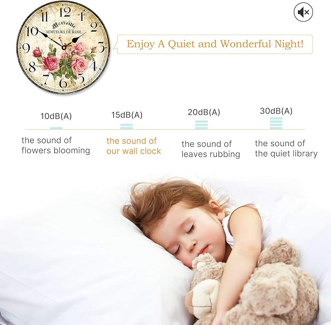 Home Clock 14 Inch Silent Non-Ticking Quartz Movement Wooden Wall Clock Round Battery Operated Indoor Decorative Wall Clocks Vintage French Floral Wall Clock (Pink Roses)