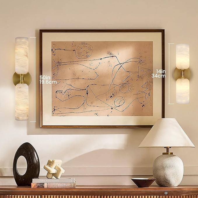 20in Alabaster Wall Sconces Set of Two, Modern Spanish Natural Marble Bathroom Vanity Sconces, Brass Alabaster Sconce Wall Lighting, Gold Wall Light Fixtures Decor for Bedroom Living Room Staircases